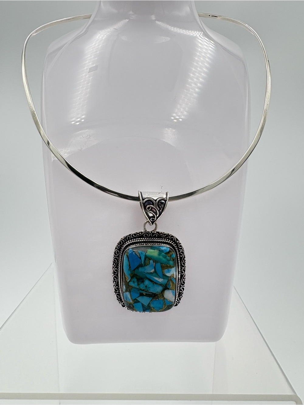 925 Sterling Silver Copper Blue Turquoise Mosaic Gemstone Pendant Slide Necklace